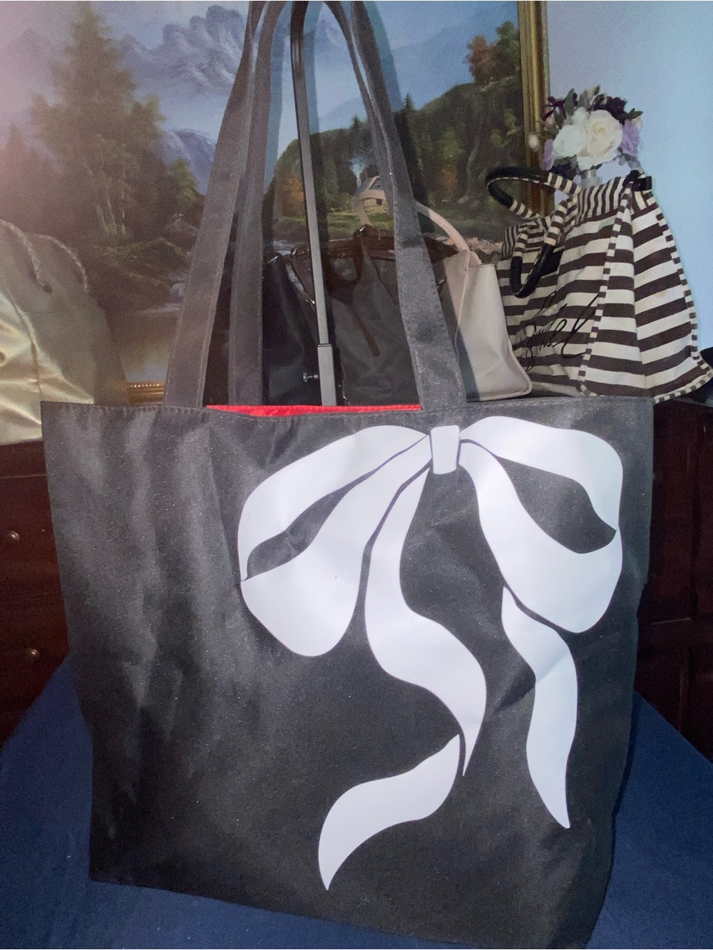 Lancome Black Tote with White Bow Graphic and Red Lining